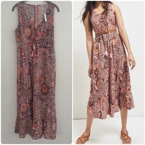 Madewell Lace Up Ruffle Hem Floral Sleeveless Midi Dress